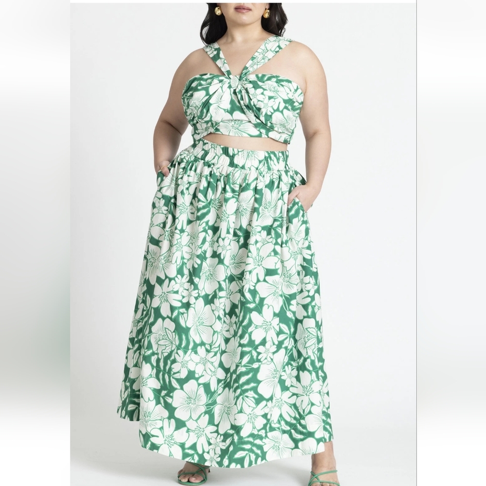 Eloquii Womens‎ Hibiscus Kelly Green Floral Crop Top with Maxi Skirt Sz 20